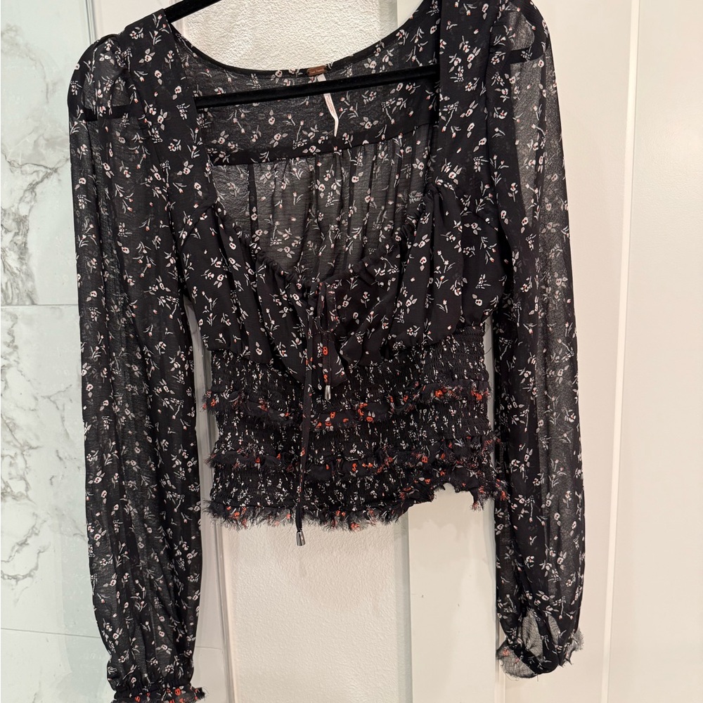 Free People Floral Black Sheer Women's Top